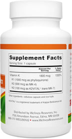 Wellness Resources Vitamin K Complex Supplement - 600 mcg Vitamin K2 (as MK-4 and Trans MK-7) and 1000 mcg K1- Bone Strength and Heart Health - K2 Vitamin Supplement - 90 Capsules Non-GMO