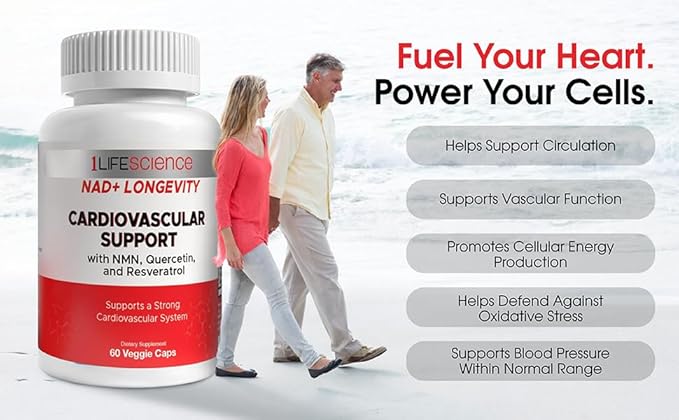1LifeScience Cardiovascular Support Supplement – NMN, Resveratrol, Quercetin, Fisetin & Apigenin – NAD+ Support Formula – cGMP Made in USA – 60 Veg Caps
