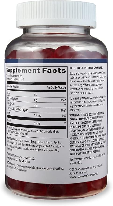 Amazon Basics Melatonin, Sleep Support Gummies, Strawberry Flavor, 5mg (Previously Solimo), 120 Count (Pack of 2)