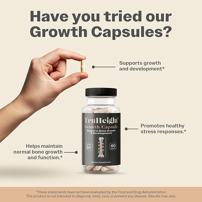 TruHeight Growth Capsules - Tall Nutrition for Natural Growth Supplement for Kids & Teens - Pediatric Vitamin D, K, Calcium & Ashwagandha - Bone Strength - Kids Vitamins D3 K2 Pills, Taller Ages 5+
