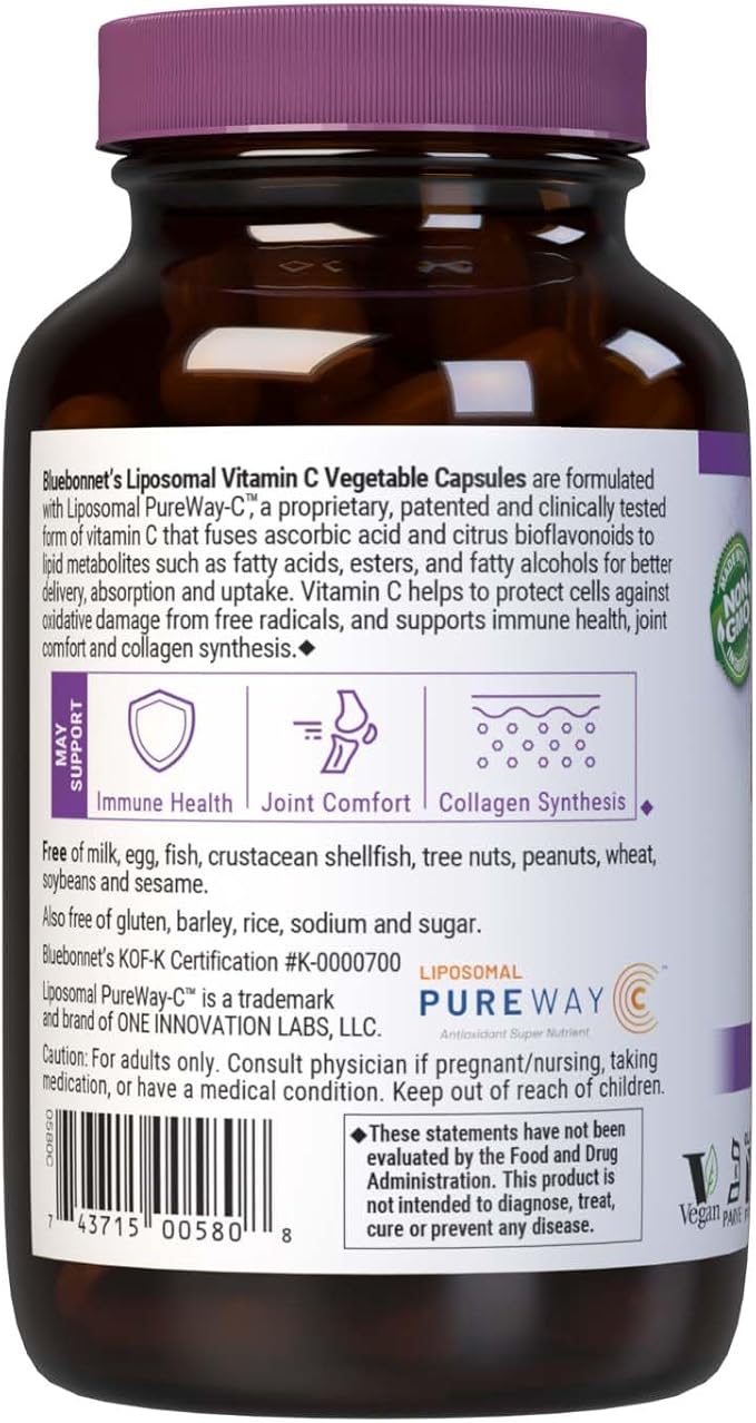 BlueBonnet Nutrition Liposomal Vitamin C, Immune Health*, Joint Health*, Collagen Synthesis*, Vegan, Kosher, Non-GMO, Gluten-Free, Soy-Free Milk-Free, 90 Vegetable Capsules, 45 Servings