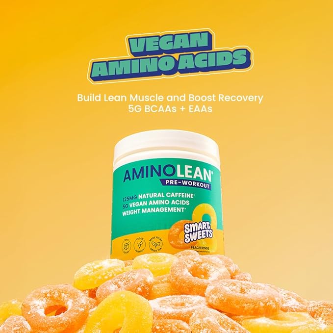RSP NUTRITION AminoLean x SmartSweets Pre Workout Powder, Amino Energy with Vegan BCAA Amino Acids & Natural Caffeine, Preworkout Boost for Men & Women, Peach Rings