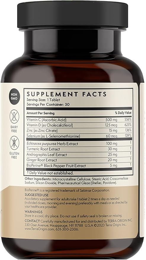 TERRA ORIGIN Immune Support Supplement | 60 Tablets | Immune System Booster for Adults* | BioPerine, Vitamin C, D, Zinc, Echinacea | Non GMO, Gluten Free, Dairy Free, Made in USA