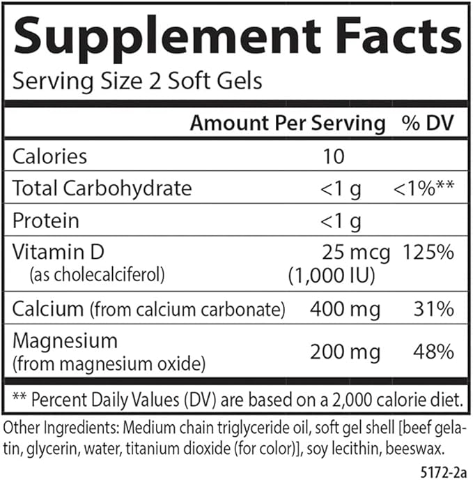 Carlson - Calcium & Magnesium Gels, 2:1 Calcium to Magnesium Ratio, 200 mg Calcium Supplement, 100 mg Magnesium Supplement, Bone Support, Energy Production, 250 Softgels
