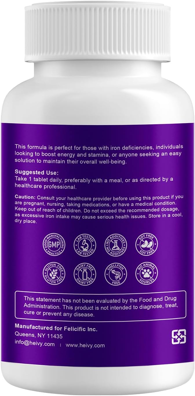Heivy Ferrous Sulfate 325mg with Vitamin C (65 mg Elemental Iron), Non-Constipating 240 Vegan Tablets (8 Month Supply) Iron Supplement for Women - Non-GMO, Vegan - Made in USA