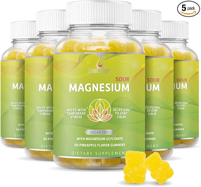 BeLive Magnesium Glycinate Gummies 200 mg - Sugar Free Supplement for Muscle Relaxation, Sleep Support, & Heart Health for Adults & Kids - Pineapple Flavor - 5 Pack, 300 Count