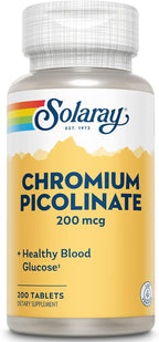 SOLARAY Chromium Picolinate 200 mcg Supplement - Metabolism Support for Men & Women, 200mcg per Serving, Blood Glucose Support - 200 Tablet Count