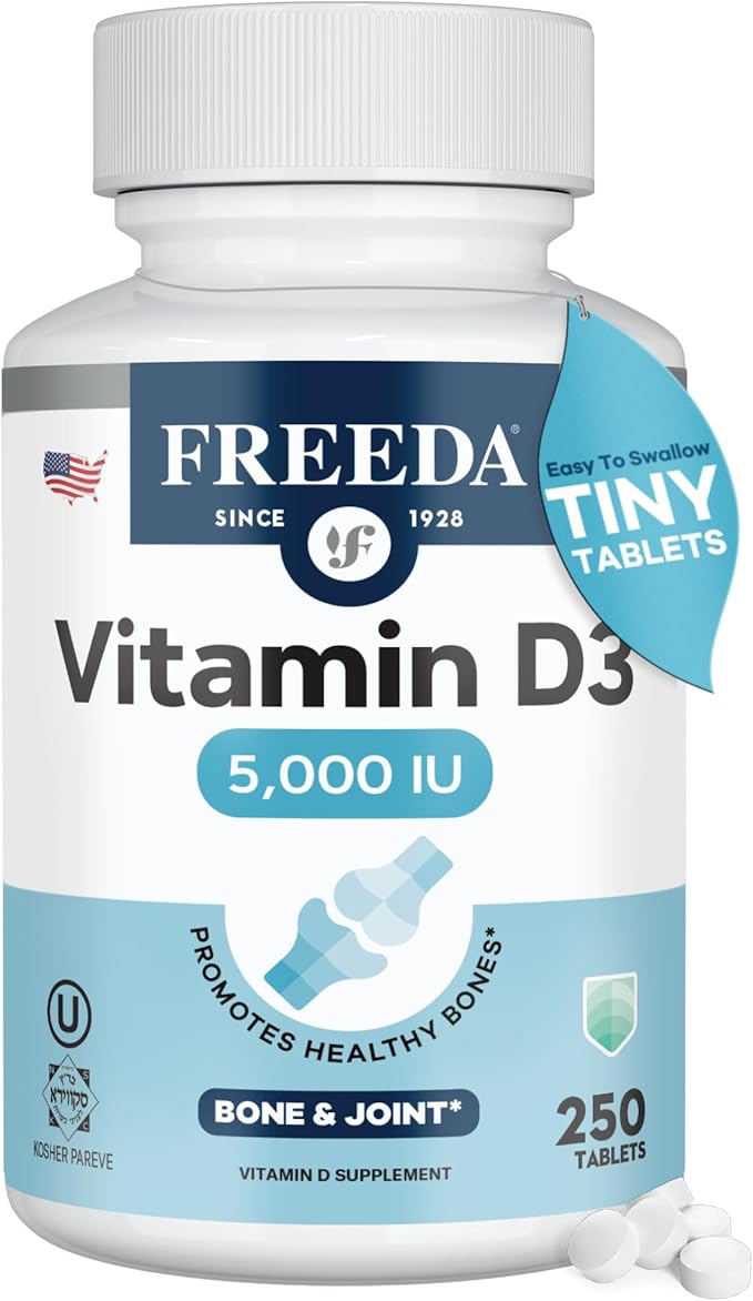 FREEDA Vitamin D3-5000 IU - Pure High Potency Kosher Supplement Tablets - Bone and Muscle Health, Calcium Absorption, Immune Support for Men and Women* - 250 Count