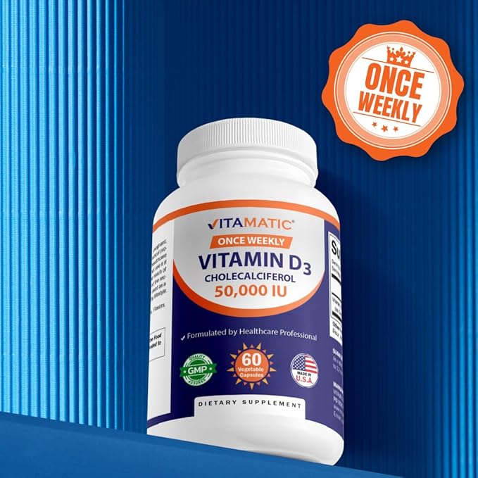 Vitamatic Vitamin D3 50,000 IU (as Cholecalciferol), Once Weekly Dose, 1250 mcg, 60 Veggie Capsules 1 Year Supply, Progressive Formula Helping Vitamin D Deficiencies (60 Count (Pack of 1))