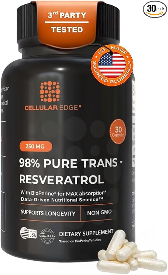 Trans-Resveratrol 250mg (≥98% Pure) with BioPerine® | Made in USA | Third-Party Tested | Cellular Health & Longevity Support | Vegan | 30 Capsules