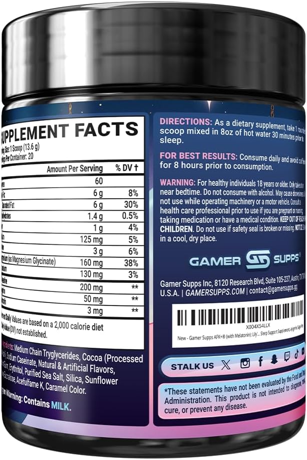 Gamer Supps AFK+® (with Melatonin): Lily's Lullaby Hot Cocoa by Shylily - 20 Servings - Keto Friendly Magnesium-Focused Sleep Support Supplement, Apigenin, Sugar Free