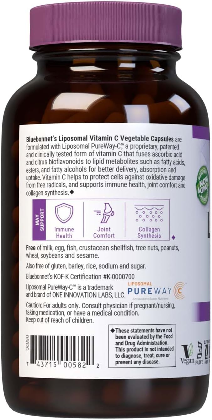 BlueBonnet Nutrition Liposomal Vitamin C 1000 mg, Made with Sunflower Oil, Immune & Joint Comfort*, Vegan, Kosher, Non-GMO, Gluten-Free, Soy-Free Milk-Free, 180 Vegetable Capsules, 90 Servings