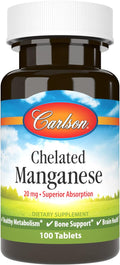 Carlson - Chelated Manganese, 20 mg, Superior Absorption, Healthy Metabolism, Bone Support & Brain Health, 100 Tablets