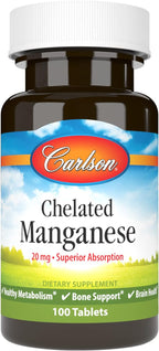 Carlson - Chelated Manganese, 20 mg, Superior Absorption, Healthy Metabolism, Bone Support & Brain Health, 100 Tablets