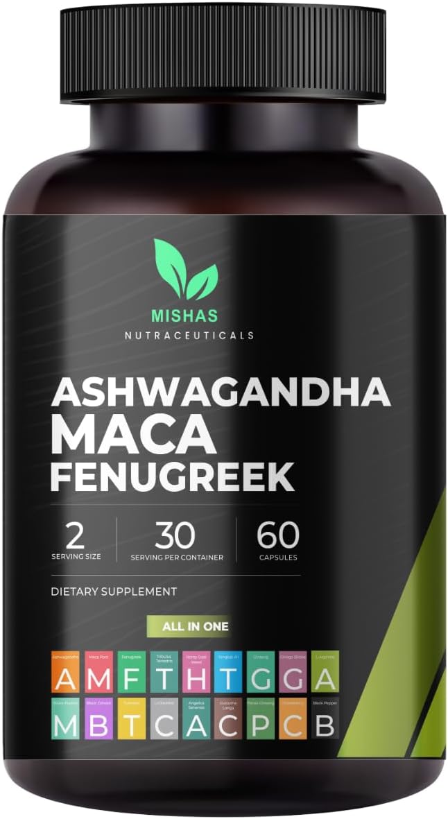 Mishas Nutraceuticals Ashwagandha, Maca Root, Fenugreek Supplement with Ginseng – Supports Stress Relief, Mood Balance & Thyroid Health – 60 Capsules