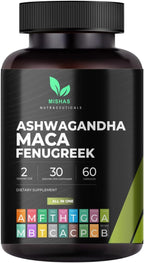 Mishas Nutraceuticals Ashwagandha, Maca Root, Fenugreek Supplement with Ginseng – Supports Stress Relief, Mood Balance & Thyroid Health – 60 Capsules