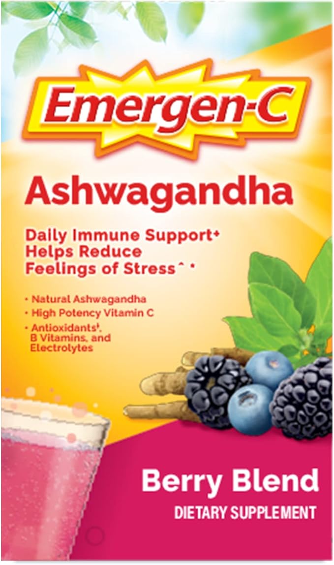Emergen-C Vitamin C Ashwagandha Drink Mix, Dietary Supplement for Immune Support, Berry Blend - 18 Count