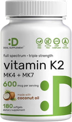 DEAL SUPPLEMENT Vitamin K2 Supplement 600mcg, 180 Coconut Oil Softgels | Full Spectrum High Absorption MK-7 & MK-4 Forms | Bone, Joint, & Immune Support – Non-GMO