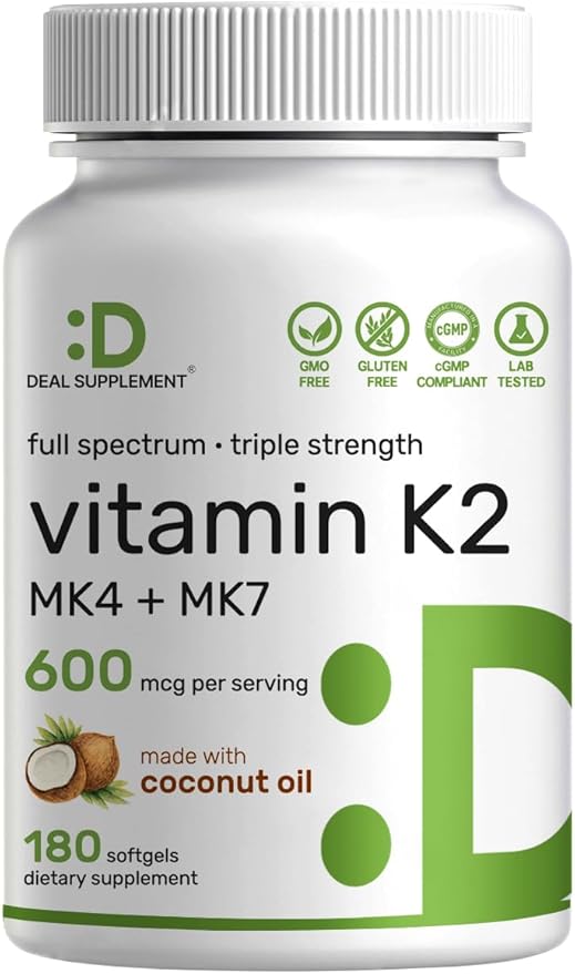 DEAL SUPPLEMENT Vitamin K2 Supplement 600mcg, 180 Coconut Oil Softgels | Full Spectrum High Absorption MK-7 & MK-4 Forms | Bone, Joint, & Immune Support – Non-GMO