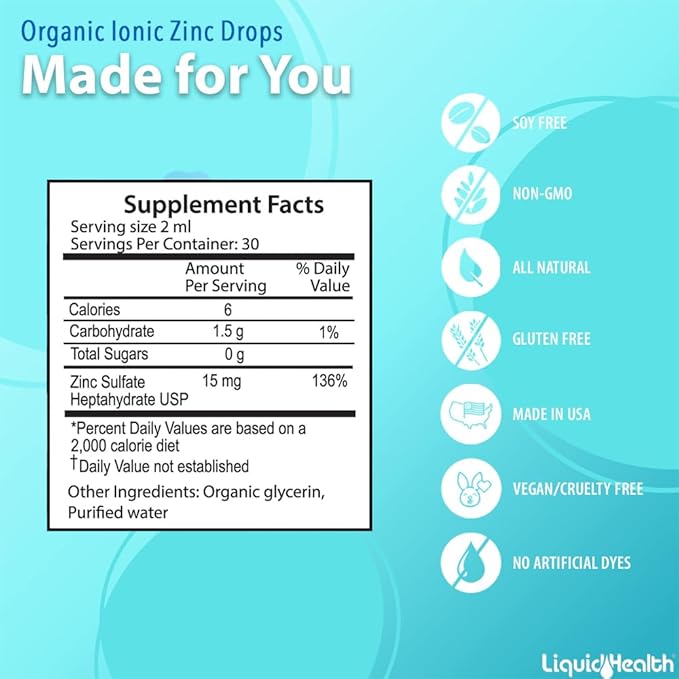 LIQUIDHEALTH USDA Organic Ionic Zinc High Potency Drops - Trace Mineral Liquid Vitamin Supplement for Adults & Kids - Immune & Digestive Support, Skin & Wound Health - USA Made, Vegan, Non-GMO (2 oz)