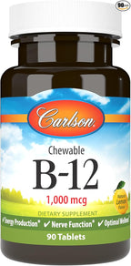 Carlson - Chewable B-12, 1000 mcg, Energy Production & Nerve Function, Optimal Wellness, Lemon, 90 Tablets