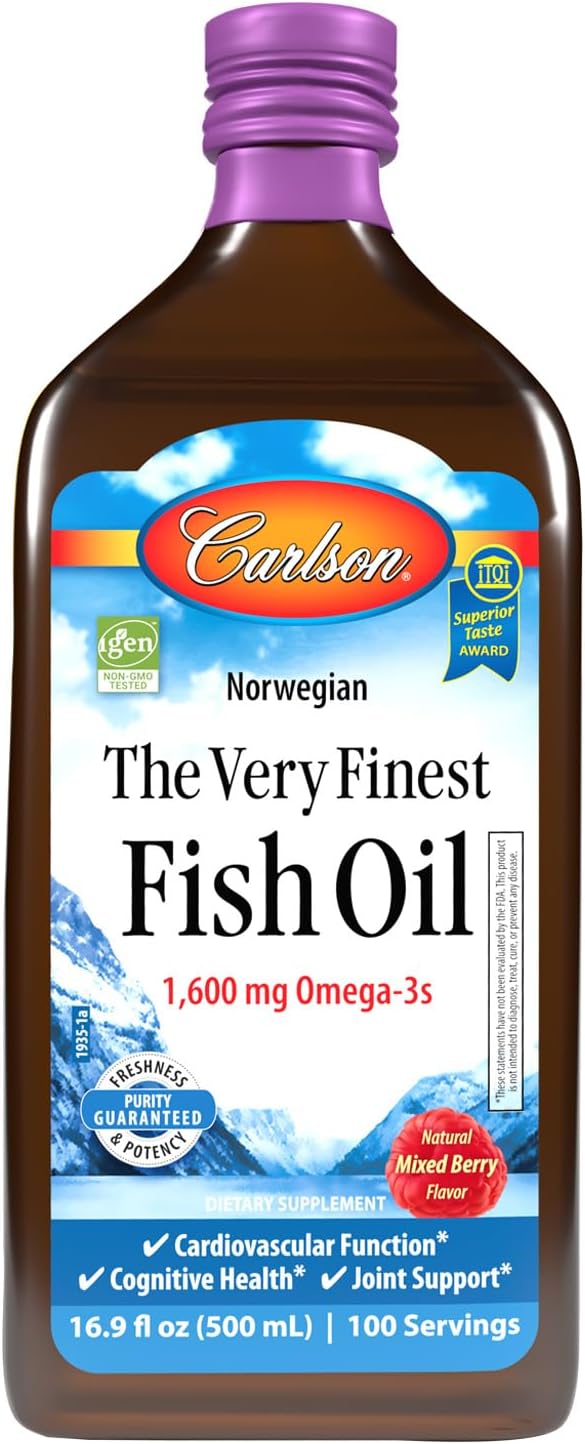 Carlson - The Very Finest Fish Oil, 1600 mg Omega-3s, Liquid Fish Oil Supplement, Norwegian Fish Oil, Wild-Caught, Sustainably Sourced Fish Oil Liquid, Mixed Berry, 500 mL (16.9 Fl Oz)…