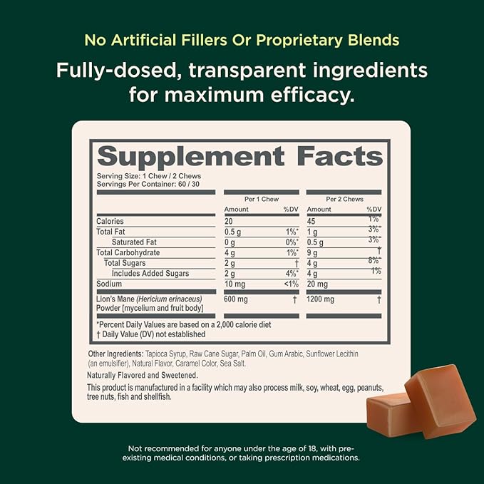 The Genius Brand Genius Lion's Mane Chews - Plant-Based Supplement for Memory, Focus & Mood Support - Organic & Non-GMO - Salted Caramel - 60 Chews