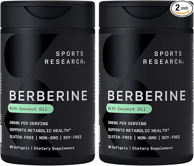 Sports Research Berberine Supplement with Coconut Oil - Herbal & Ayurvedic Metabolic Health Support - Berberine 500mg, 90 Softgels - Gluten-Free, Non-GMO Berberine Powder (Pack of 2)