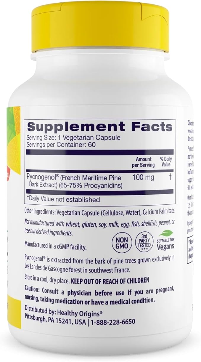 Healthy Origins Pycnogenol 100 mg (Nature's Super Antioxidant, Non-GMO, Gluten Free, Cardiovascular Support), 60 Veggie Caps