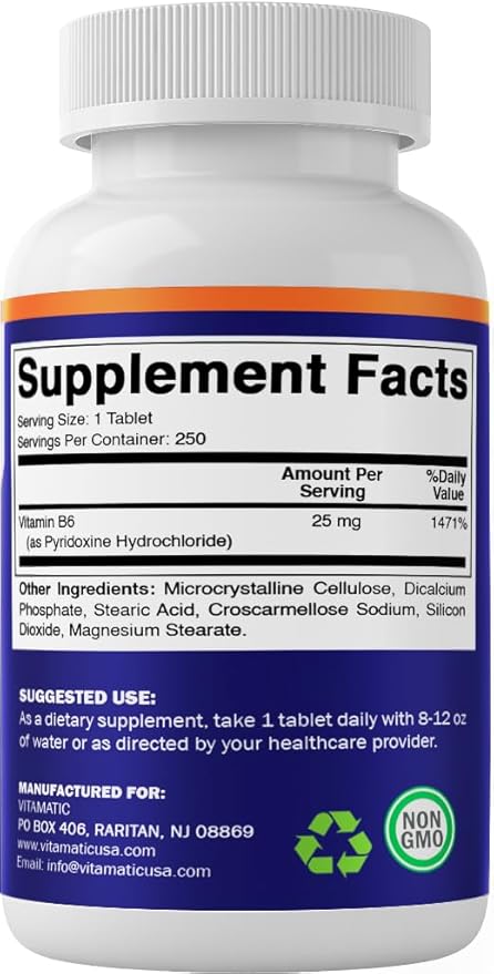 Vitamatic Vitamin B6 (Pyridoxine HCI), 25 mg 250 Vegetarian Tablets- 2 Pack
