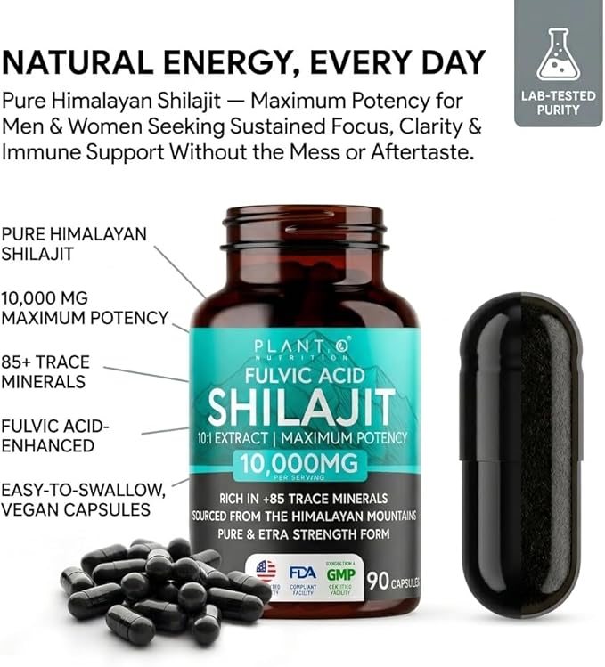 Pure Himalayan Shilajit Capsules - 10,000mg Maximum Potency | Fulvic Acid + 85 Trace Minerals | Energy Boost, Immune Support, Cognitive Function | 90 Veggie Pills for Men & Women