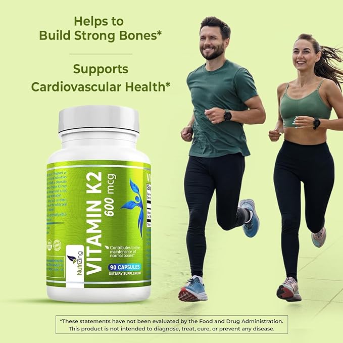 NutriZing K2 Vitamin Supplement MK-7 - High Strength 600mcg - Supports Bone & Arterial Health - 90 Vegan Capsules - Vitamin K2 for Men & Women - 3 Month Supply