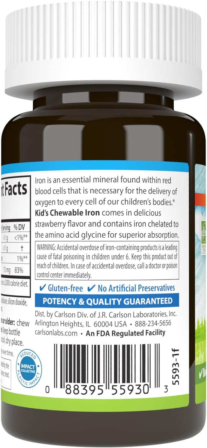 Carlson - Kid's Chewable Iron, 15 mg, Superior Absorption, Blood Health, Energy Production & Optimal Wellness, Natural Strawberry Flavor, 30 Tablets