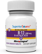 Superior Source No Shot Vitamin B-12 Methylcobalamin 1000 mcg, B-6 & Folic Acid 800 mcg - Supports Brain & Heart Health - Aids Natural Energy Levels - 60 Sublingual Dissolving Tablets
