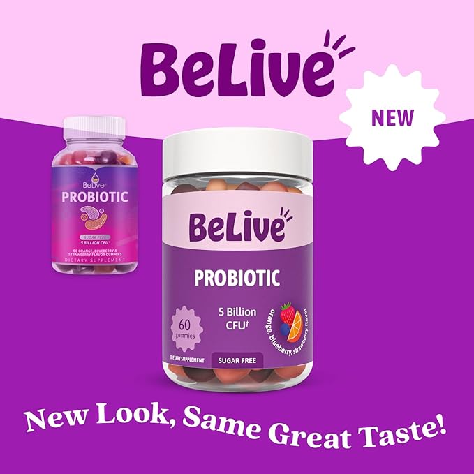 BeLive Probiotic Gummies - Probiotics with 5 Billion CFUs for Digestive Health, Men, Women & Kids - for Immune Support, Sugar Free & Vegan | 60 Ct – Blueberry, Strawberry & Orange