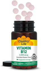 Country Life Vitamin B12 Supplement - Essential for Brain Function, Nerve Health, Red Blood Cells - Ideal for Anemia Prevention - Vegan Vitamin B, 1000 mcg - Gluten-Free, 60 Tablets