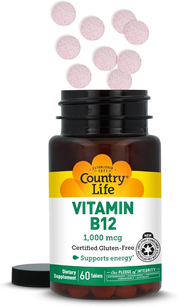Country Life Vitamin B12 Supplement - Essential for Brain Function, Nerve Health, Red Blood Cells - Ideal for Anemia Prevention - Vegan Vitamin B, 1000 mcg - Gluten-Free, 60 Tablets