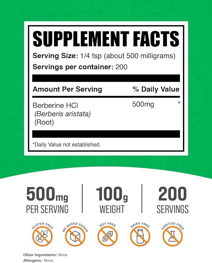 BulkSupplements.com Berberine HCl Powder - Berberine Supplement, Berberine Powder - Gluten Free, 500mg per Serving, 100g (3.5 oz) (Pack of 1)
