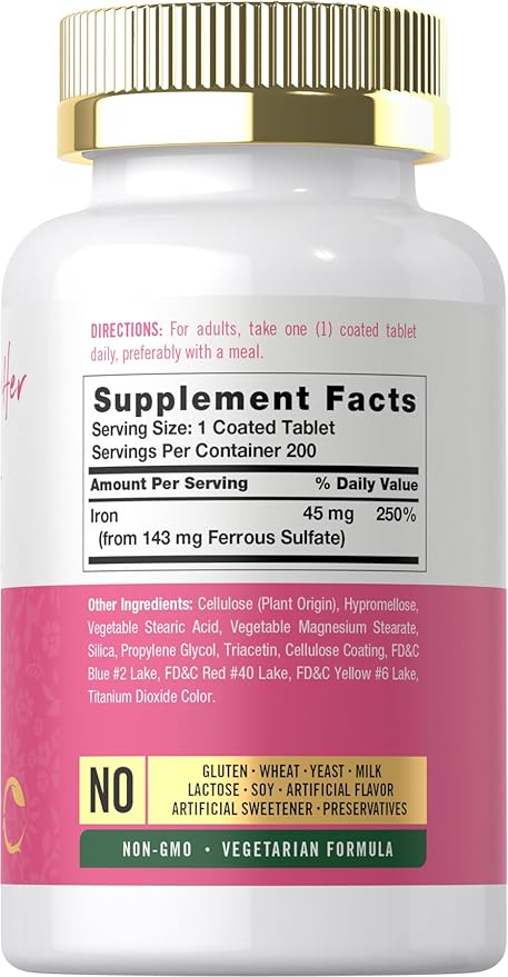Carlyle Iron Supplement for Women | 200 Slow Release Tablets | Vegetarian, Non-GMO, Gluten Free Pills | for Her