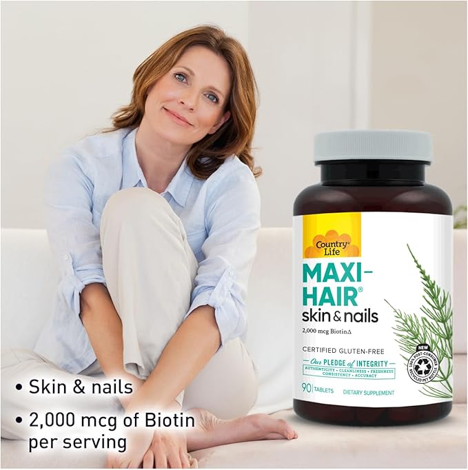 Country Life Maxi-Hair Supplement - 2000mcg Biotin & Vitamins for Hair, Skin & Nails - Certified Gluten-Free & Vegetarian - Supports Hair Growth, 90 Tablets