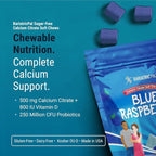BariatricPal Sugar-Free Calcium Citrate Soft Chews | 500mg with Vitamin D & Probiotics | Blue Raspberry | 90 Count (1 Month Supply)