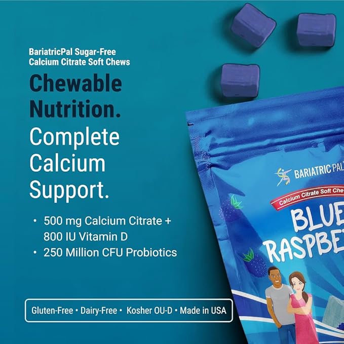 BariatricPal Sugar-Free Calcium Citrate Soft Chews | 500mg with Vitamin D & Probiotics | Blue Raspberry | 90 Count (1 Month Supply)