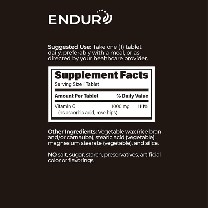Endur ENDUR-C Vitamin C with Rose Hips, Supports Collagen Production, Antioxidant Protection & Gentle Digestion, Gluten Free, 1000mg (60 Tablets)