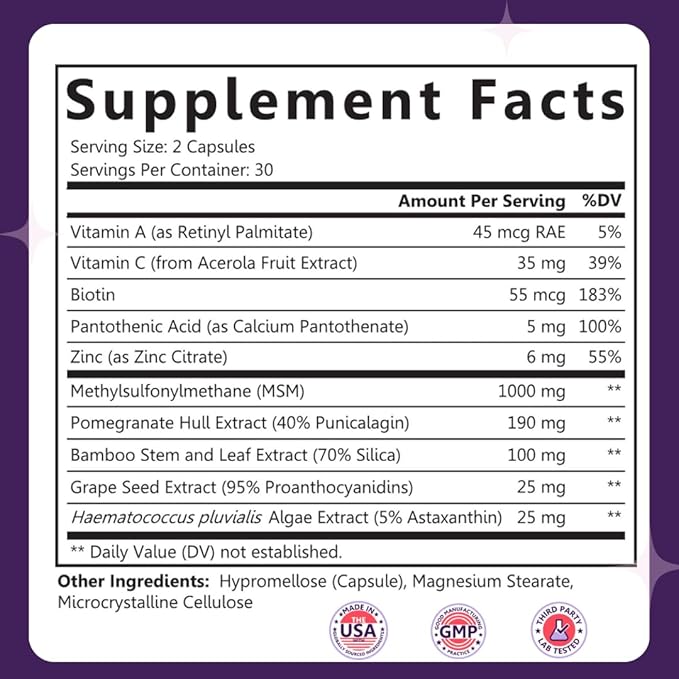 Sarez GlowBoost Collagen Booster — MSM, Bamboo Silica, Astaxanthin, Pomegranate, Biotin & Grape Seed — Supports Collagen Production & Protection, Skin Renewal, Hair & Nail Strength — 30 Day Supply