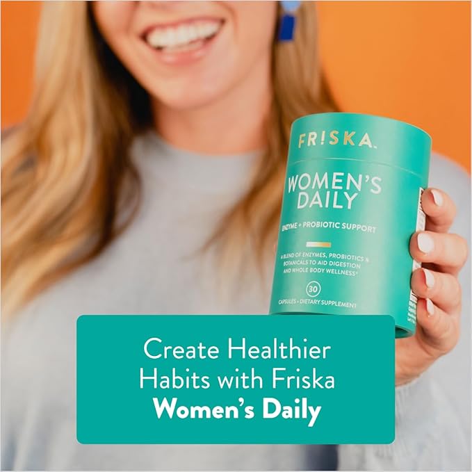 Friska Women’s Daily Gut Support - Pre/Post Meal, Digestive Enzymes, Probiotic DE111 for Bloating & Digestive Balance, Vitamin D, Cranberry & Biotin for Hair, Nail & Urinary Health, 90 Capsules