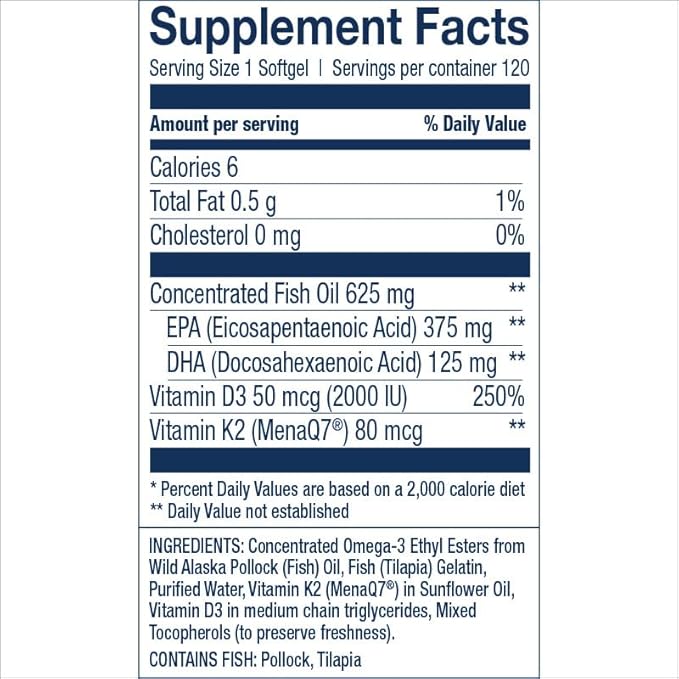 Wiley's Finest Wild Alaskan Fish Oil Vitamin K2 & D3 Softgels - 500mg of EPA and DHA Omega-3s for Bone and Heart Health Support - 120 Softgels (120 Servings)