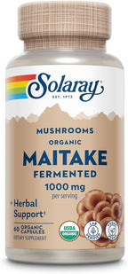 SOLARAY Organic, Fermented Maitake Mushroom Supplement 1000mg - Herbal Adaptogens - Powerful Mushrooms for Health and Wellness Support - Vegan, Gluten Free, 60-Day Guarantee, 30 Servings, 60 VegCaps