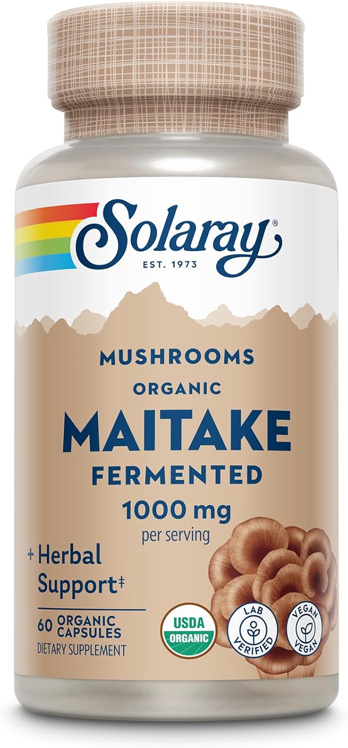 SOLARAY Organic, Fermented Maitake Mushroom Supplement 1000mg - Herbal Adaptogens - Powerful Mushrooms for Health and Wellness Support - Vegan, Gluten Free, 60-Day Guarantee, 30 Servings, 60 VegCaps