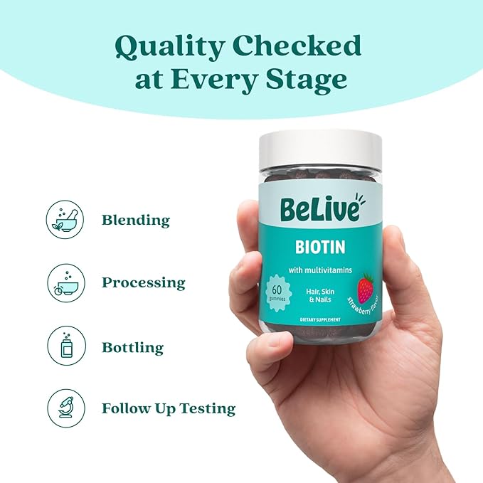 BeLive Biotin Gummies with MultiVitamins, Folate, Inositol – Supports Hair Growth, Healthy Skin & Nails – Vegan, Pectin Based – Strawberry Flavor (2)