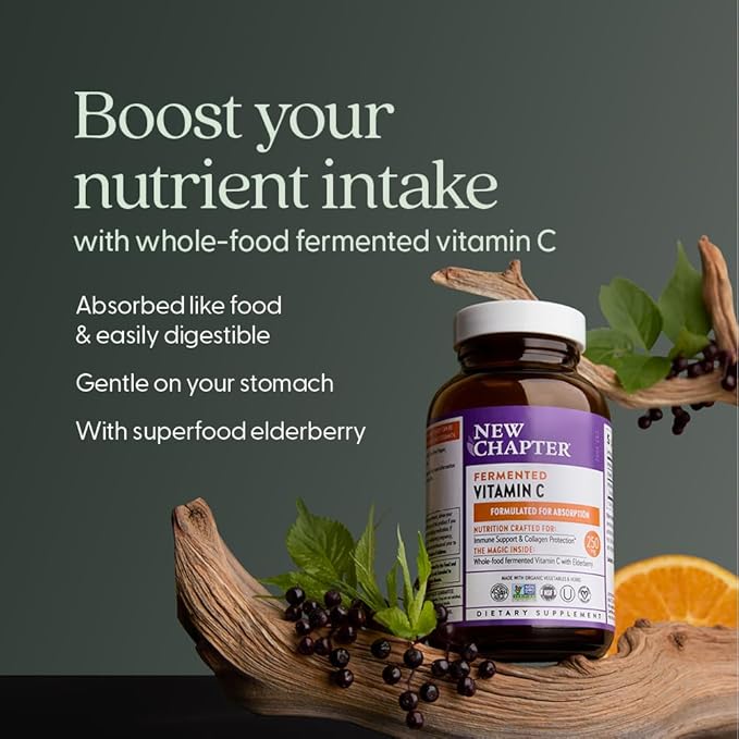 New Chapter Fermented Vitamin C + Elderberry, ONE Daily for Immune Support & Collagen Protection, Made with Organic Herbs, Certified Vegan, Gluten Free, 60 Count